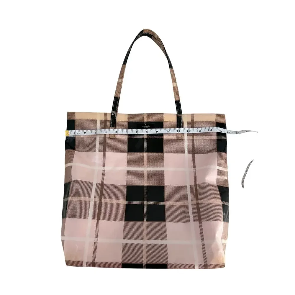 Kate Spade Bon Shopper Plaid Tote Bag Cream Taupe Coated Canvas